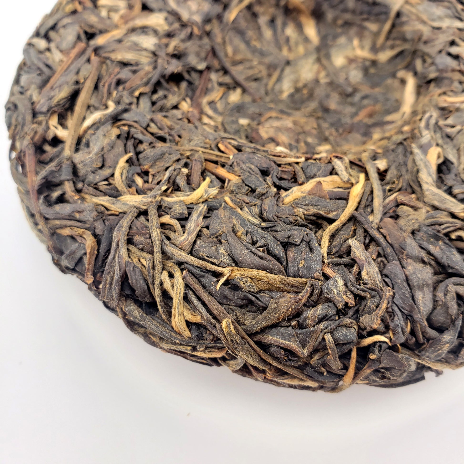 Close-up of a compressed tea cake with intricate leaf patterns on a white background