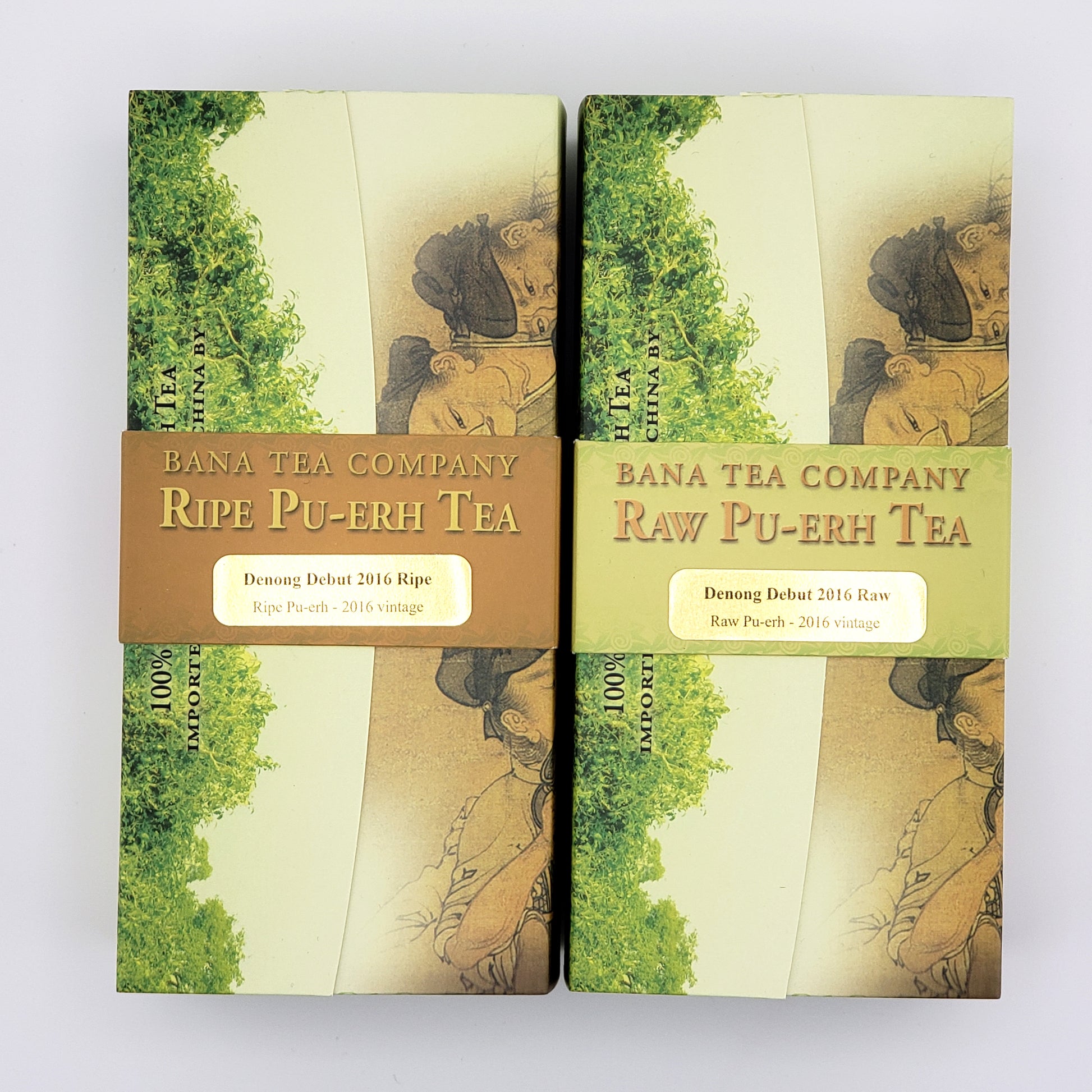 Two boxes of Bana Tea Company Pu-erh tea on a light gray background