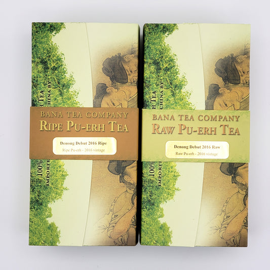 Two boxes of Bana Tea Company Pu-erh tea on a light gray background